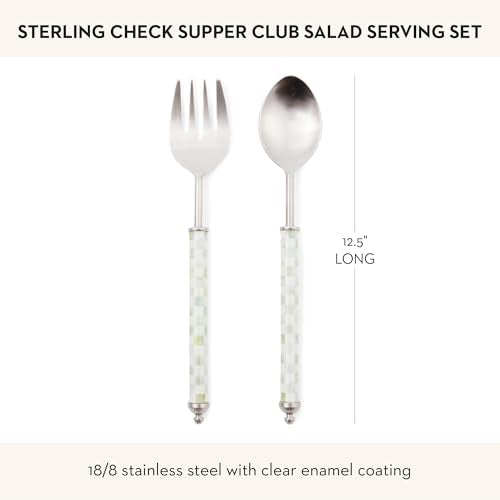 MACKENZIE-CHILDS Supper Club Salad Serving Set, Fork and Spoon Salad Servers, Decorative Kitchen Serving Utensils, Gray-and-White Sterling Check