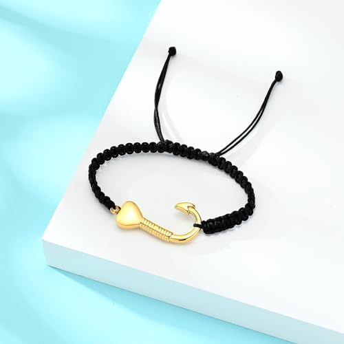 zeqingjw Cremation Ashes Keepsake Heart Fish Hook Urn Bracelet for Ashes Adjustable Black Braided Rope Cremation Bangle Urn Jewelry for Men Women Gold