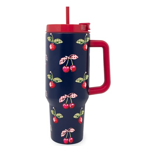 Vera Bradley 40 Ounce Double Wall Stainless Steel Insulated Tumbler with Handle and Straw, 40 oz Cup, Metal Cup for Hot or Cold Drinks (Cherry Picking)