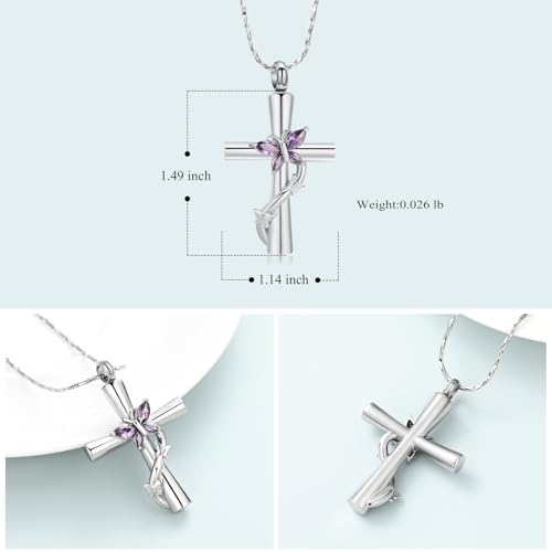Imrsanl Cross with Butterfly Urn Necklaces for Ashes for Women Silver Purple