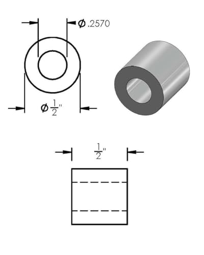 Black aluminum round spacer, 1/2 inch OD x 1/4 inch ID, 1/2 inch length, unthreaded, 25 pack