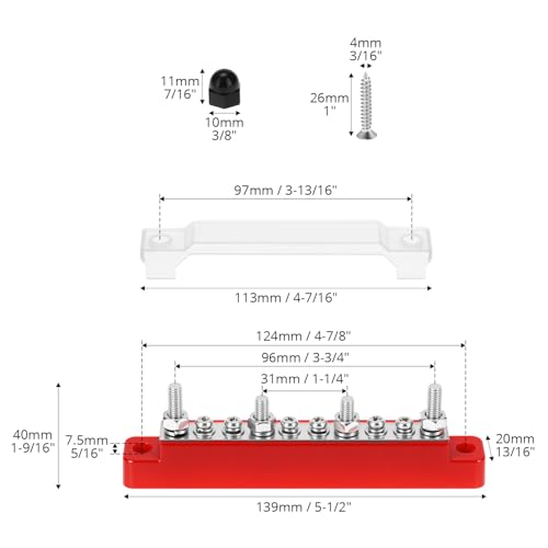 QWORK 150A 12V Busbar Distribution Block with 4xM6 Bolts & 6xM4 Screws, Power Distribution Terminal Block for Car, Boat, Marine, Solar Systems, Black & Red