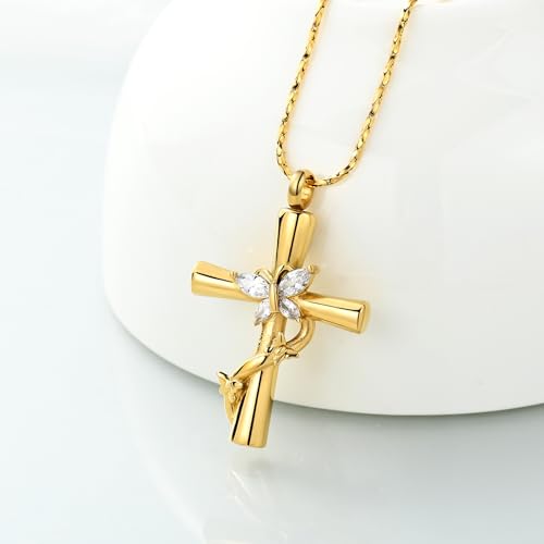 Imrsanl Cross with Butterfly Urn Necklaces for Ashes for Women Gold White
