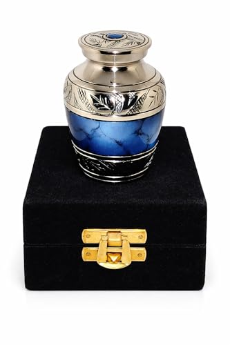 Classic Small Mini Cremation Keepsake Urn for Human Ashes – with Box and Velvet Box - 2.6 inch - Blue Fire Design - Made of Brass