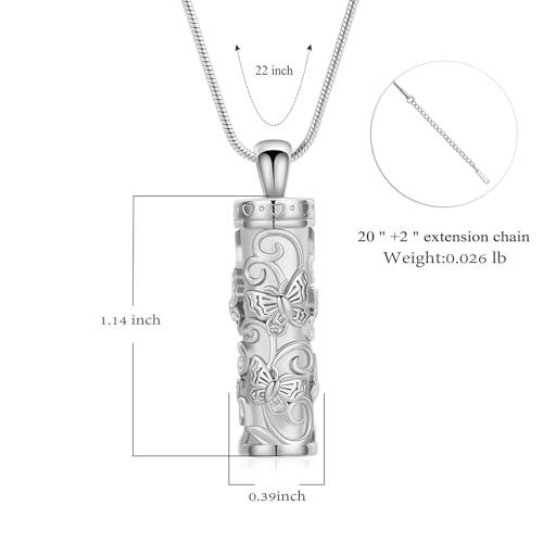 Cylinder Butterfly Urn Ashes Necklace for Women Men Cremation Jewelry of Loved Ones Memorial Vial Pendant Keepsake Jewellery Silver