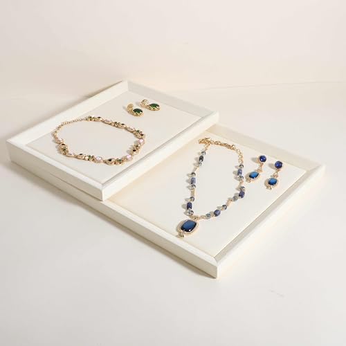 Gemehou Square velvet Jewerly display tray, Nightstand Jewelry Organizer plate, Stackable Empty Jewelry showcase tray for Necklace Bracelet Ring Earring Watch (Cream-Large, 17.7 x 11.8 in) Cream Large
