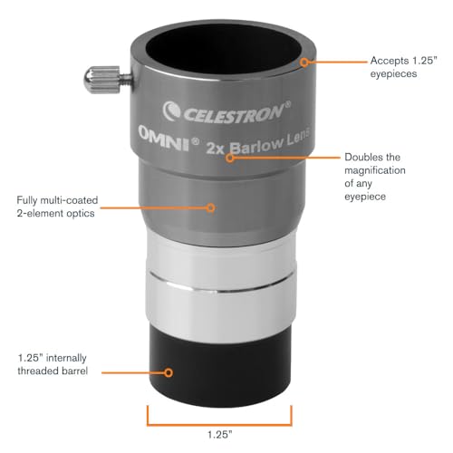 Celestron Omni 1.25" 2X Barlow Lens for Telescope Eyepieces Threaded Barrel Accessories