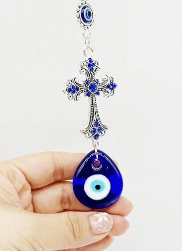 Evil Eye Crystal Cross Talisman Fatima's Holy Hand Pendant Decoration, Lucky Blue Evil Eye Hanging Ornament for Car, Home and Office for Protection and Blessing (1pc Water Droplet Evil Eye) 1pc Water Droplet Evil Eye