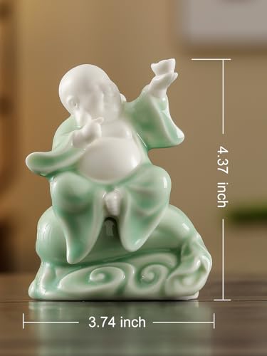 Small Green Laughing Buddha Statue for Good Luck, Ceramic Happy Buddha Statue Indoor for Home Decor, 4.5 inch Holding Ingot Pose 4.5" G – Holding Ingot