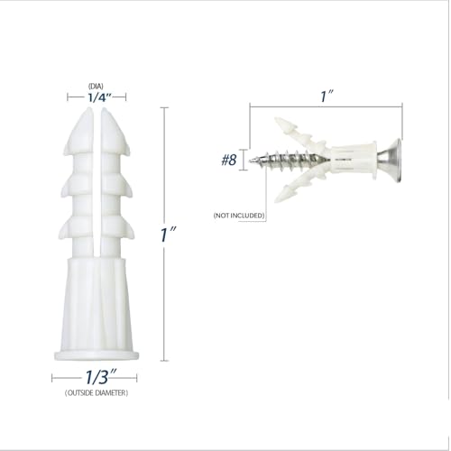 YENLNI 200-count white plastic drywall anchors, 1/4 x 1 inch, for #8 x 1-inch screws