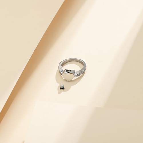 Cremation Jewelry Always in My Heart Heart Urn Ring for Girls Women, Memorial Ashes Keepsake Ring with Crystal Remembrance Silver-8#
