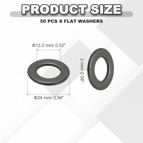 PATIKIL black M12 flat washers, 304 stainless steel, 1/2-inch ID x 1-inch OD, 50-piece set
