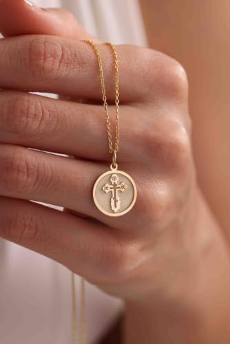 LKBEADS Saint Olga Cross Embossed Pendant Necklace Made in 925 Sterling Silver With Gold Plating 18" Cable Chain Round Shape Charm For Unisex Jewelry |LK_EMBO_00680