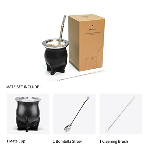 Cuopru Ceramic Liner Yerba Mate Cup Argentina Gourd with Mate Bombilla Straw, Cleaning Brush (Black) Black