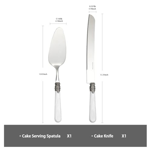 2-piece Cake Knife and Serve Set, Fancy Hand Craft Italian Design, Vintage Pie Knife Server Set with Handle, Cake Cutter Set (White) White