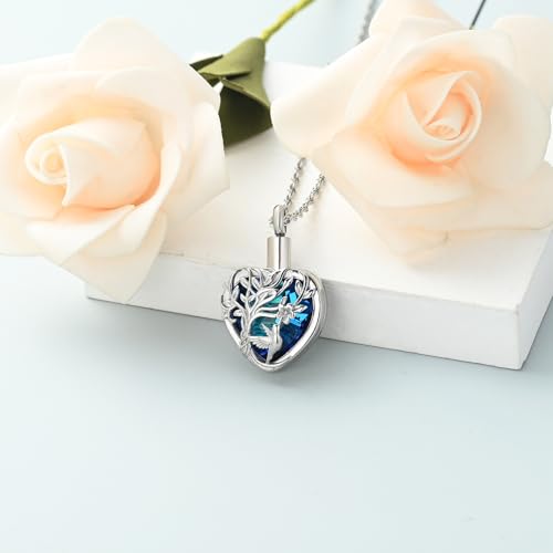 shajwo Hummingbird Cremation Jewelry Heart Urn Necklace for Ashes Silver+blue
