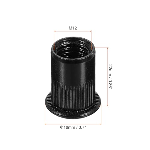 uxcell M12 carbon steel knurled flat head rivet nuts, black threaded inserts, 60-piece set