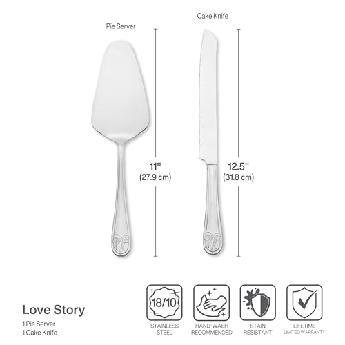 Mikasa Love Story 2-Piece Cake Set, 18/10 Stainless Steel Pie Server and Cake Knife with Ribbon Handle Detail, Dishwasher Safe Flatware for Weddings and Special Occasions