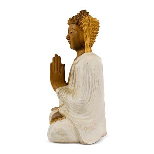 G6 Collection Wooden Serene Sitting Buddha Statue Handmade Meditating Sculpture Figurine Home Decor Accent Wood Hand Carved Modern Contemporary Oriental Buddha Anjali Mudra (8" Tall – Whitewashed) 8" Tall – Whitewashed