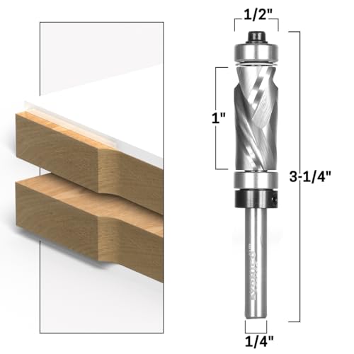 Yonico 33207q spiral flush trim router bit with top and bottom bearings, compression cutter and 1/4-inch shank