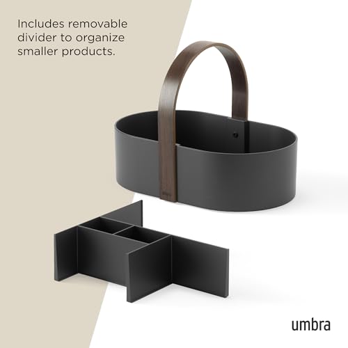 Umbra Bellwood Caddy shower organizer with wooden handle, black and walnut finish, small size for bathroom storage.