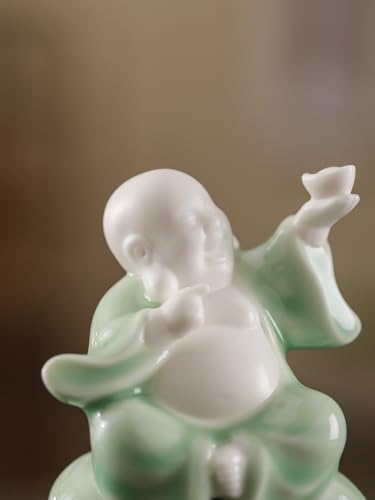 Small Green Laughing Buddha Statue for Good Luck, Ceramic Happy Buddha Statue Indoor for Home Decor, 4.5 inch Holding Ingot Pose 4.5" G – Holding Ingot