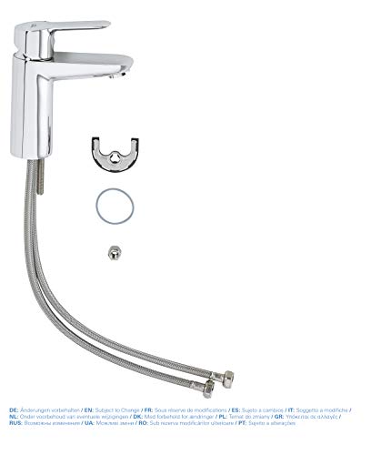 GROHE BauEdge - Smooth Body Single-Lever Basin Mixer Tap (1-Hole Installation, Metal Lever, 28mm Ceramic Cartridge, Water Saving Technology, No Waste Set, Tails 3/8 inch), Size 144mm, Chrome, 23330000 S
