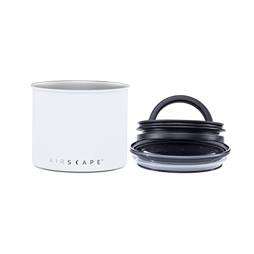 Stainless steel Airscape coffee canister by Planetary Design with airtight lid for fresh food and coffee storage.