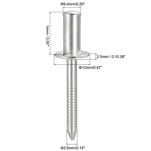uxcell 304 stainless steel blind rivets, 6.4mm diameter x 14mm grip length, silver tone, 25 pieces