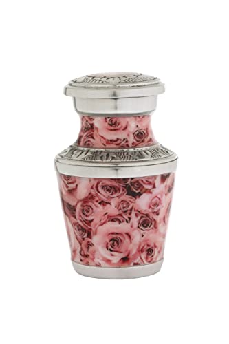 Bold & Divine Cremation Urns for Human Ashes - Decorative Brass Urns, Pink Rose Pattern, Small Keepsake Urn for Ashes Adult Female and Male, Funeral Urns