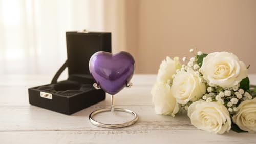 Purple Heart Cremation Urns Printed Small Urn with Box & Stand - Small Keepsake Shaped - Mini Urn Heart Shaped - Honor Your Loved One with Memorial Cremation