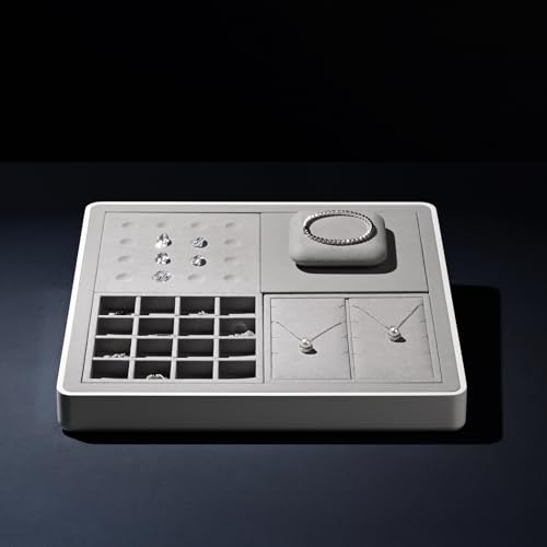 Oirlv microfiber jewelry necklace display tray in grey with compartments for organizing necklaces and jewelry pieces.