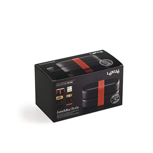 Lékué Lunchbox-To-Go Set with Lunch Container + Cutlery Set | Black | 2 Pc Travel Dining Set | Airtight, Leakproof Meal Holder with 2 Compartments | Microwave Safe | Knife, Fork & Spoon Set Included Stainless Steel Cutlery Set Included