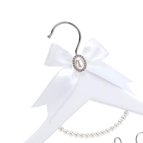 White Solid Wood Bridal Dress Hanger with Bridal Wire Lettering for Bridal Wedding Party Gift (White Hanger Silver Thread and Pearl Chain) White,silver