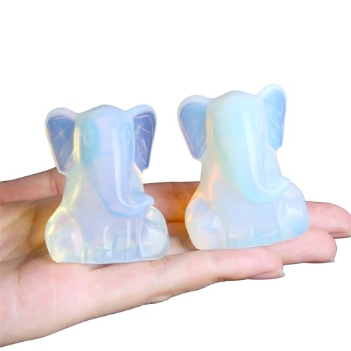 YATOJUZI 2" Opal Elephant Decor Figurine Moonstone Hand Carved Elephants Statue Figurines Crystal Decor White Home Room Office Desk Decorations Cute Elephant Gifts for Women Bright White