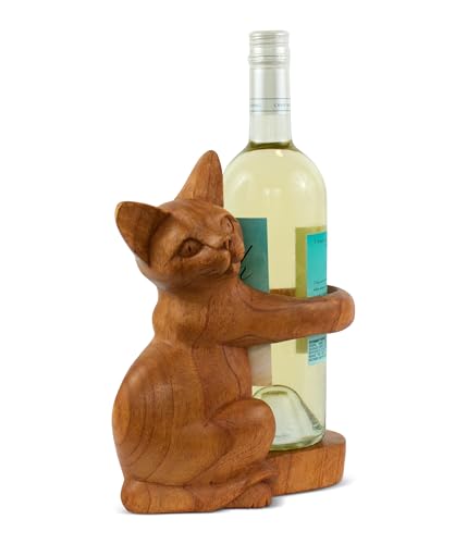 G6 Collection Wooden Handmade Siamese Cat Wine Rack Bottle Holder, Hand Carved Free Standing Sculpture, Handcrafted Wood Bar Decor, Home Accent, Decorative Artwork, Unique Wine Gift Cat Wine Holder