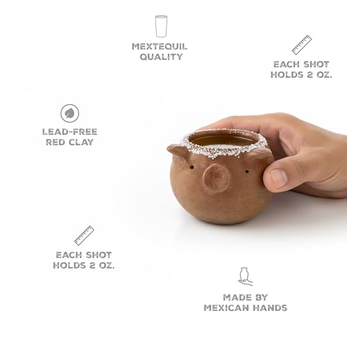 Set of 4 Handcrafted Red Clay Tequila Shot Glasses - Artisanal Barware from Oaxaca, Mexico (Pigs) Pigs