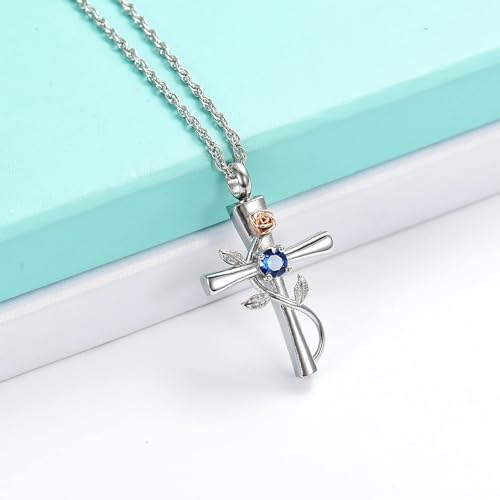 Cross Urn Necklace for Ashes Birthstone Rose Flower Cremation Jewelry for Women Gilrs Keepsake Memorial Ash Pendant, Stainless Steel Silver-Blue