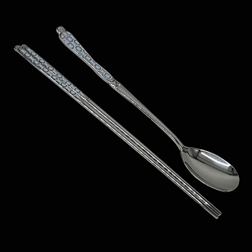 Goryeo Celadon Design Korean Table Sticky Rice Spoon and Chopsticks 430 Stainless Steel Glossy Surface Mukbang Cutlery (White, 5 Sets) White, 5 Sets