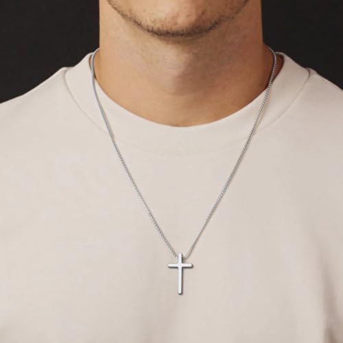 TINGN Stainless Steel Cross Pendant Necklace for Men Boys, Silver Tone Chain Cross Necklace Christian Confirmation Baptism Cross Chain with 16-24 Inches Jewelry 18 inch