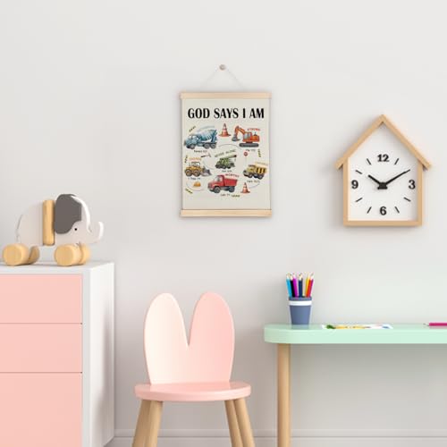 ATBWGT Christian Construction Wall Art Decor, Construction Room Decor for Boys, God Says I Am Bible Verses Poster Hanger Frame for Boys Bedroom Room Nursery Playroom, 12x16 Inch