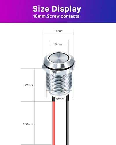Push Button 6 Pieces, 12 mm Button, Waterproof Push Button Switch | 2A/12V/24V/125V/250V pressure switch, momentary metal button flat head pressure switch for horns, car round 12MM-6PCS