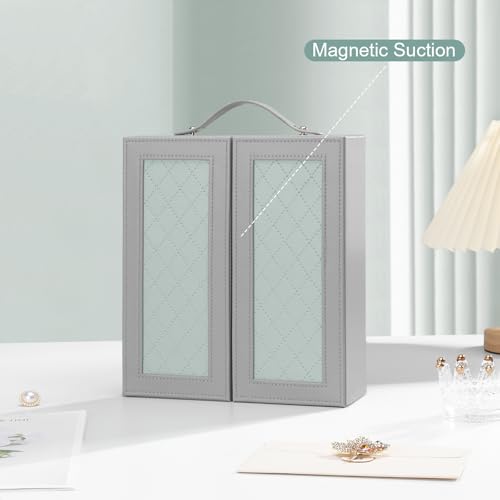 DesignSter Jewelry Box for Women, Jewelry Storage with Mirror, Travel Jewelry Organizer with Handle for Stud Earrings, Rings, Necklaces, Bracelets(Gray & Tea Green) Gray & Tea Green