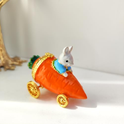Hand Painted Enamel Animal Mini Trinket Box, Hinged Unique Mini Ring Necklace Jewelry Organizer, Classical Bejeweled Storage, Figurine Collectible Keepsake Home Decor (Carrot Rabbit) Carrot Rabbit
