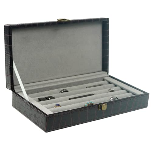 Decorebay vegan crocodile leather cufflink and ring storage box with organizer, showcasing elegant jewelry storage solution.