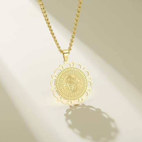 UNIFT Saint Christopher Medal Necklace for Women Men Stainless Steel Hollow Floral Border St Christopher Protect Us Pendant Driver Traveler Hikers Protection Amulet gold