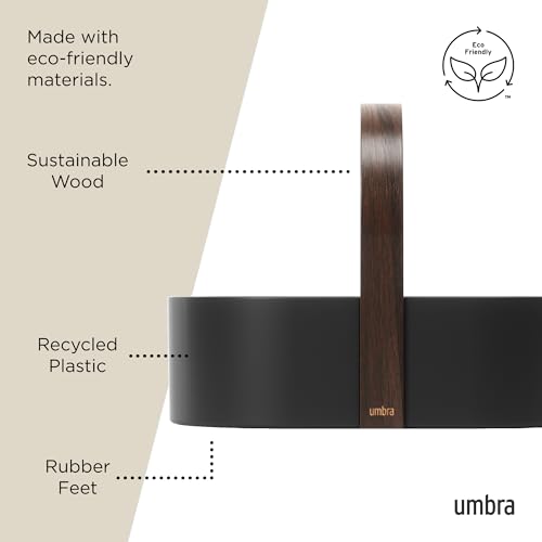 Umbra Bellwood caddy with wooden handle, small black and walnut shower organizer for makeup and toiletries.