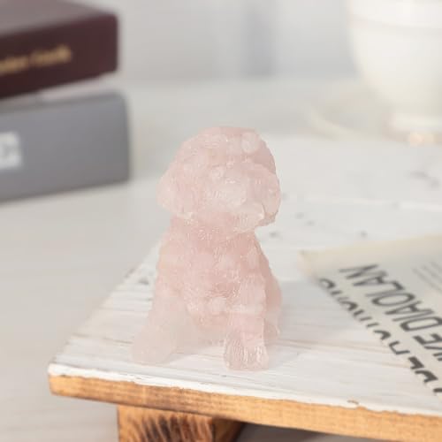 TUMBEELLUWA 2.5 Inch Rose Quartz Poodle Figurine Dog Statue for Home Decor