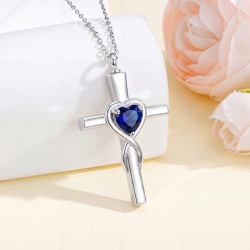 YYB Urn Necklace for Ashes Women Heart Birthstone Cross Cremation Jewelry 009-Sep-Sapphire
