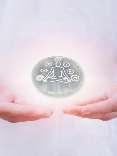 Selenite Crystal Charging Plate for Crystals and Healing Stones, 4" Selenite Crystal Plate Engraved Buddha Yoga Coaster for Home Office Table Decor Buddha (Yoga) Round